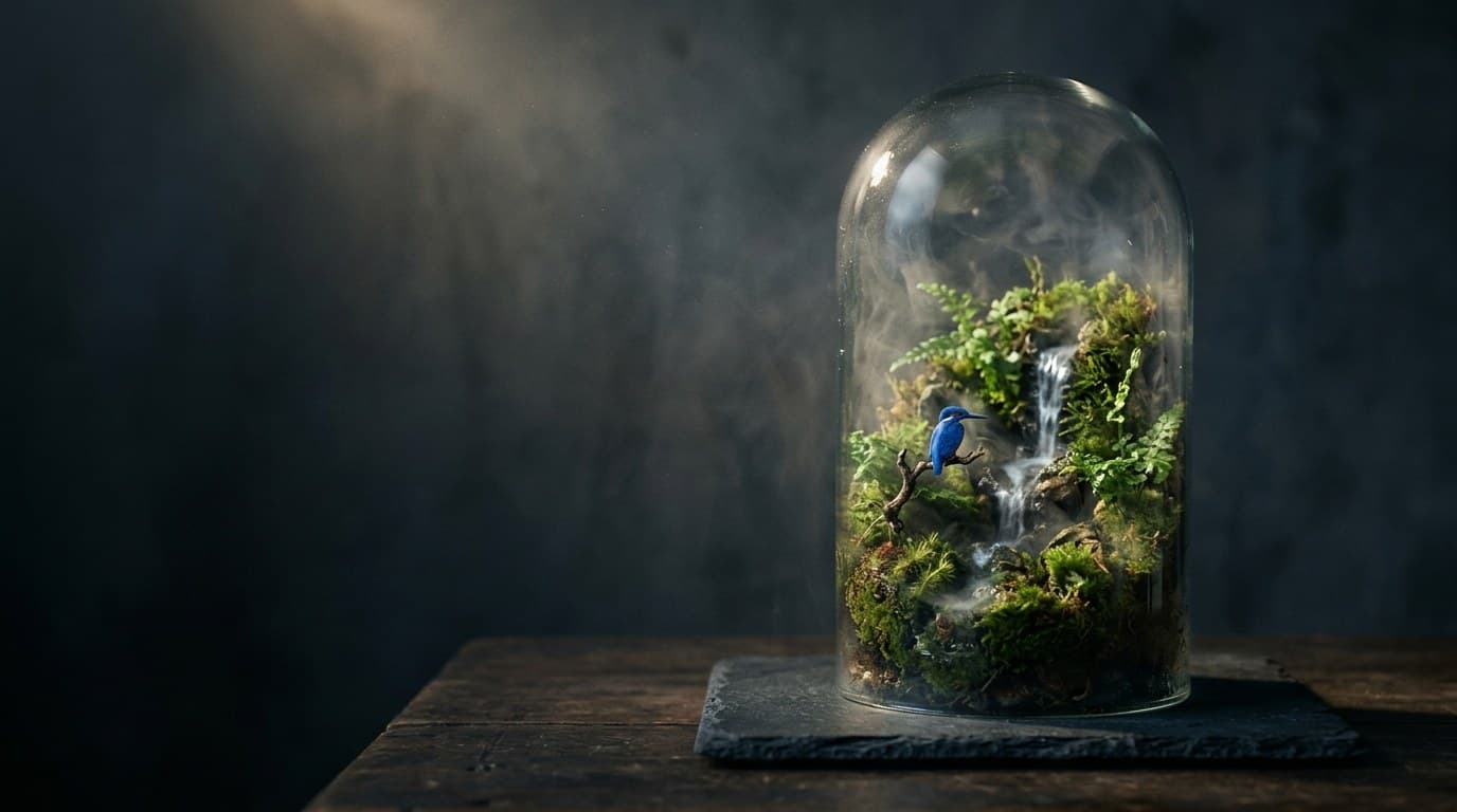 A glass bell jar holding a miniature misty forest with a waterfall and a blue kingfisher