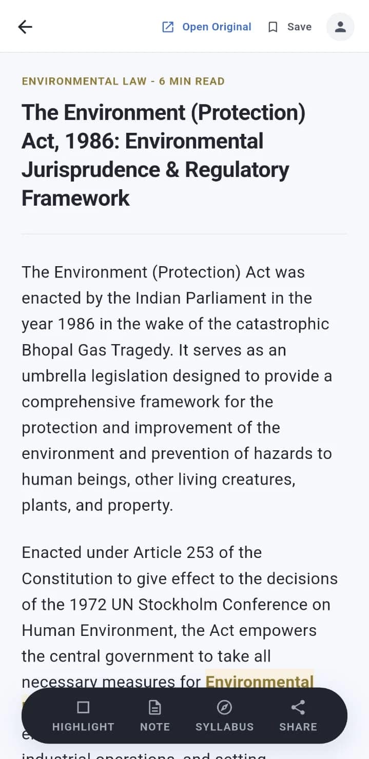 Tootler reading screen: an Environmental Law article with Open Original, Save, Highlight, Note, and Syllabus tools.