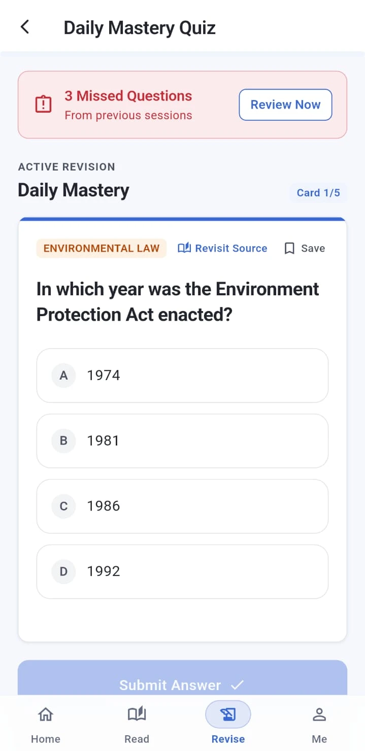 Tootler Daily Mastery Quiz: review missed questions, revisit the source, and answer an Environmental Law question.