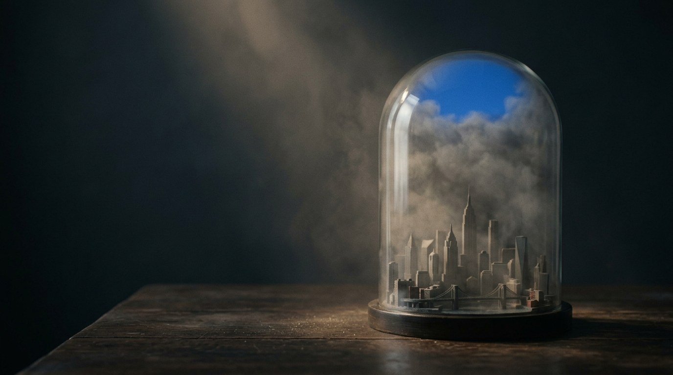 A glass bell jar over a miniature city filled with grey smog, with a patch of clear blue sky at the top