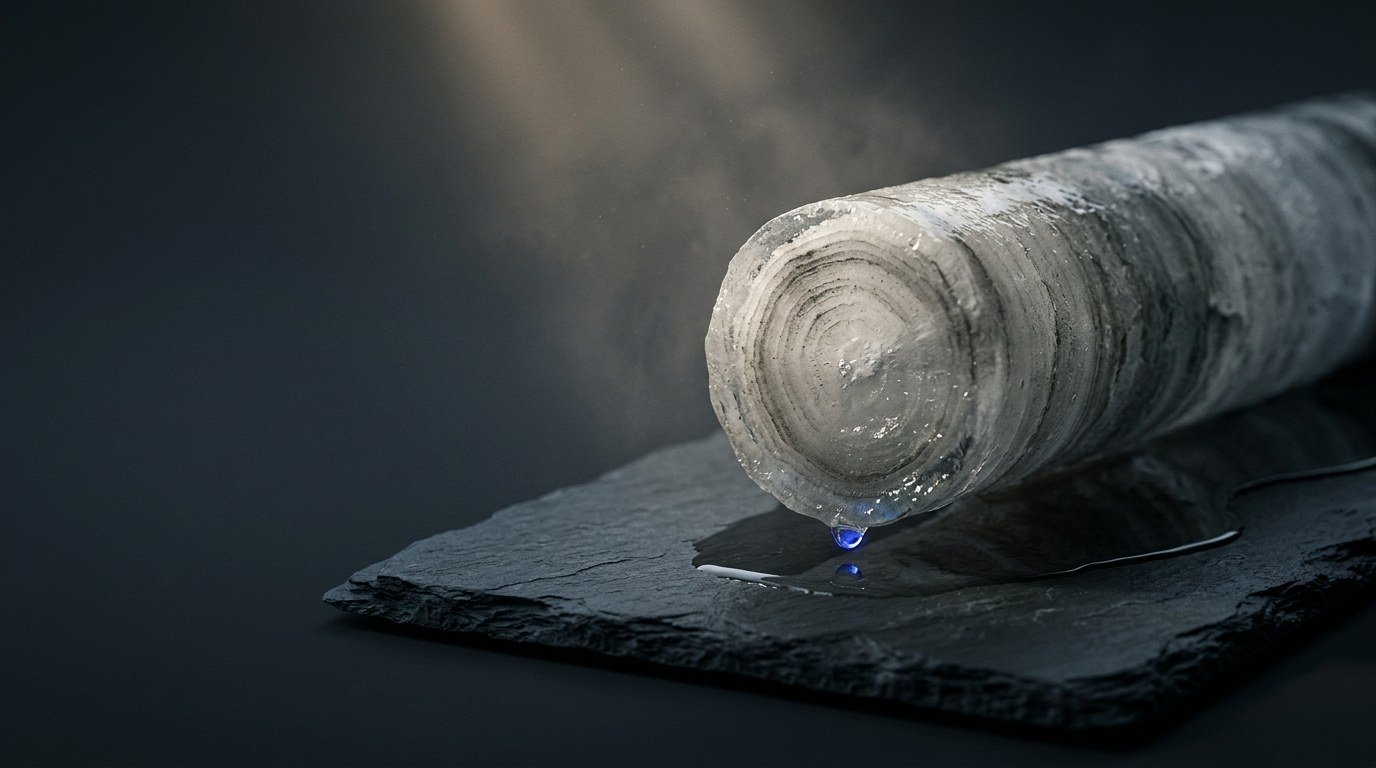 A layered glacial ice core melting on dark slate, with a single blue drop at its end