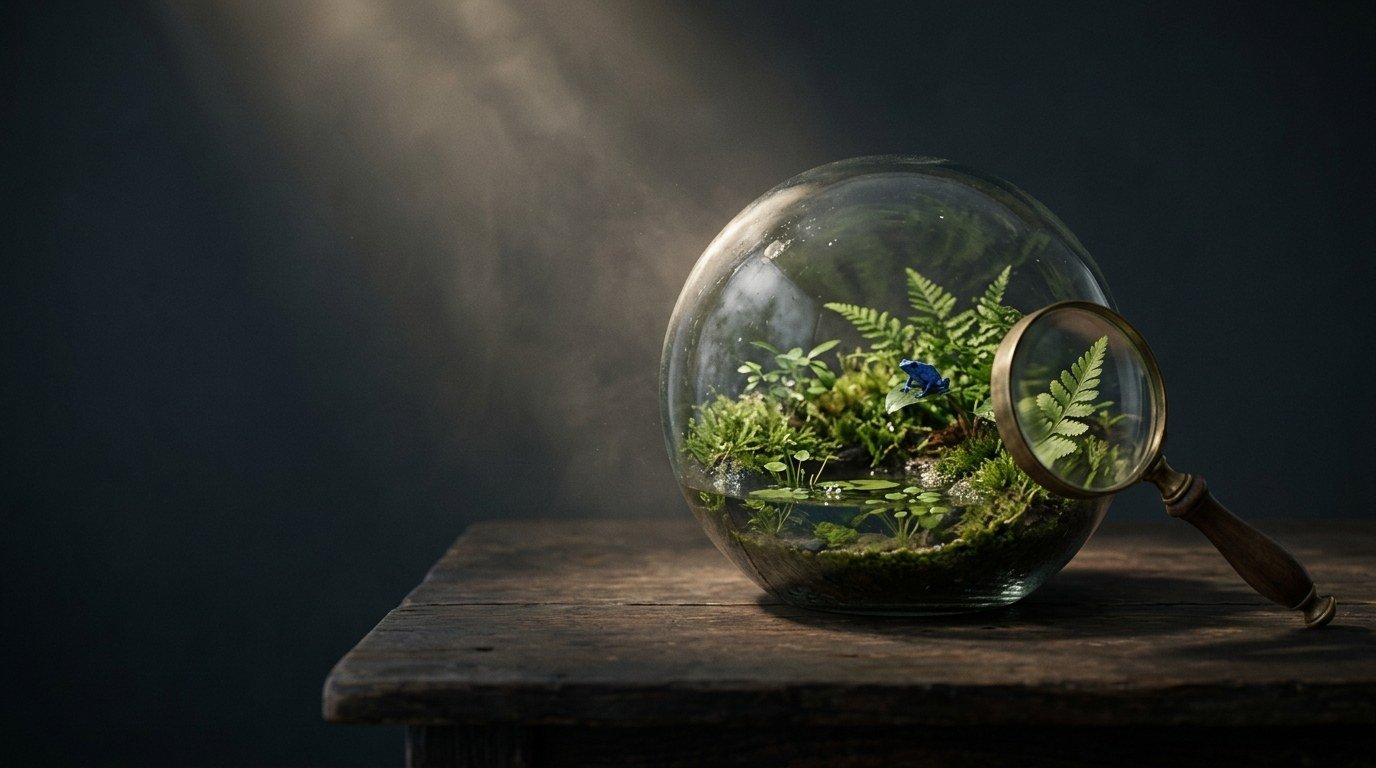 A glass sphere holding a tiny ecosystem of moss, ferns and a pond, with a magnifying glass resting against it