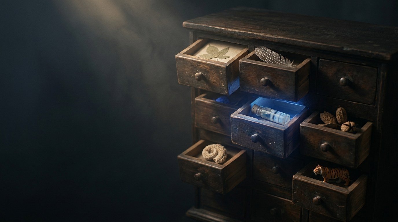 A wooden cabinet of curiosities with drawers holding a pressed leaf, a feather, seed pods, an ice-core vial and a tiny tiger figurine, one drawer glowing blue
