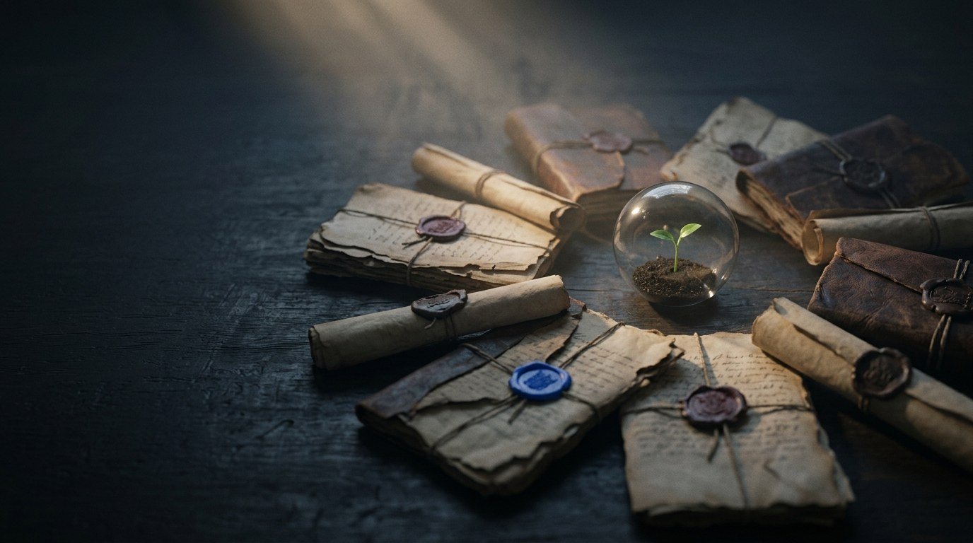 Sealed treaty papers and scrolls arranged in a circle around a small glass globe holding a seedling
