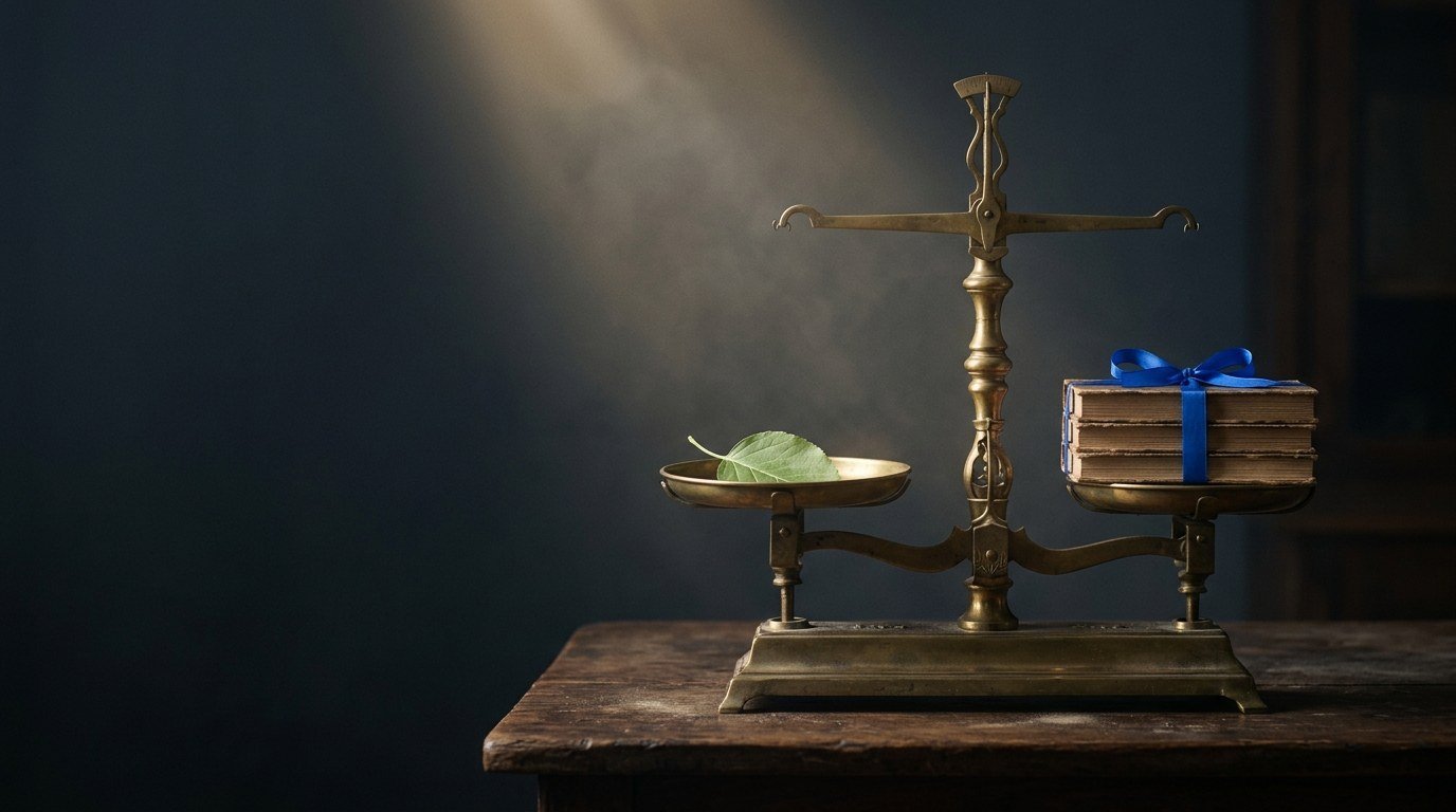 A brass balance scale holding a green leaf on one pan and a stack of books tied with blue ribbon on the other