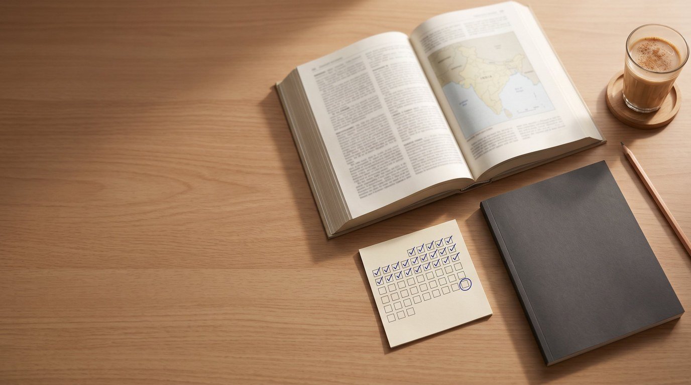 UPSC aspirant's study desk at home: an open reference book with a map of India, a habit tracker filled with blue ticks, a notebook and a glass of chai