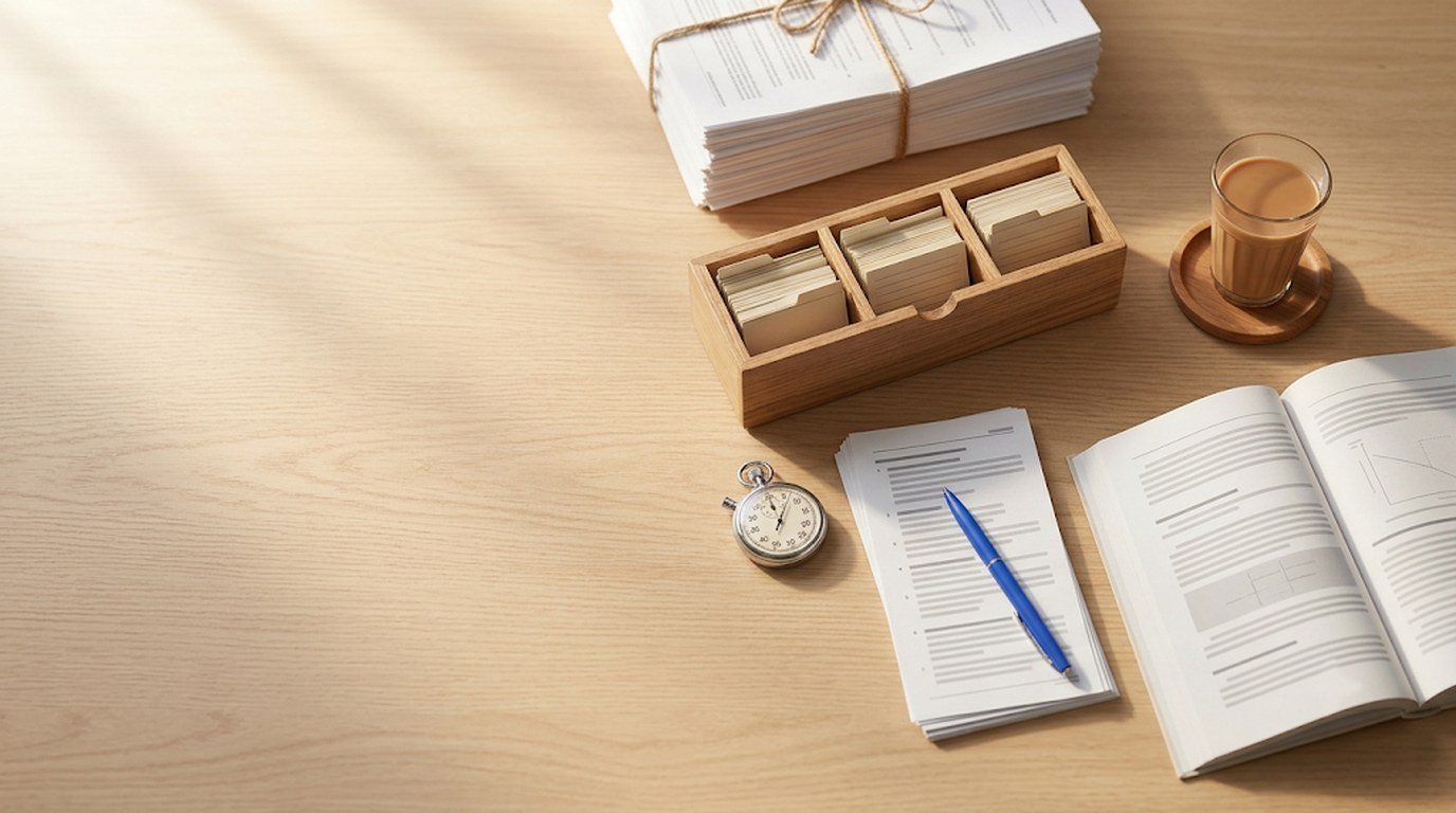 A study desk with untouched coaching handouts tied with twine, a box of revision cards, a stopwatch, practice papers with a blue pen and an open textbook.