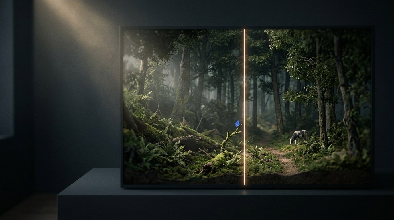 A forest diorama split by a line of light: untouched misty forest on one side, a footpath and a grazing cow on the other