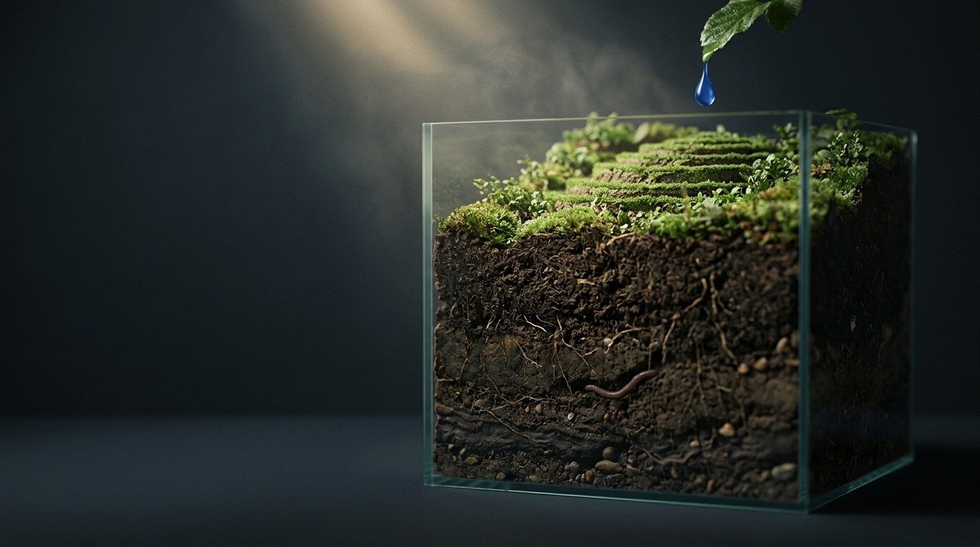 A glass box showing a soil cross-section with roots under green terraced fields, as a blue water drop falls from a leaf