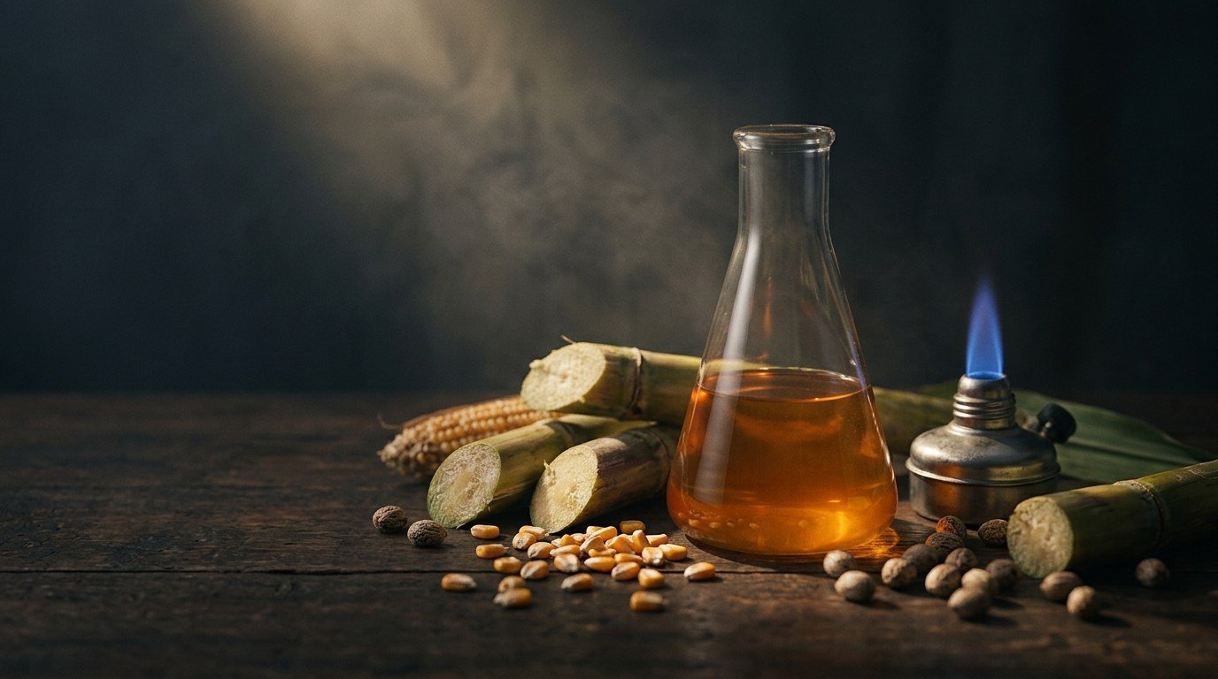 A flask of amber biofuel beside sugarcane, maize and jatropha seeds, with a small burner giving a blue flame