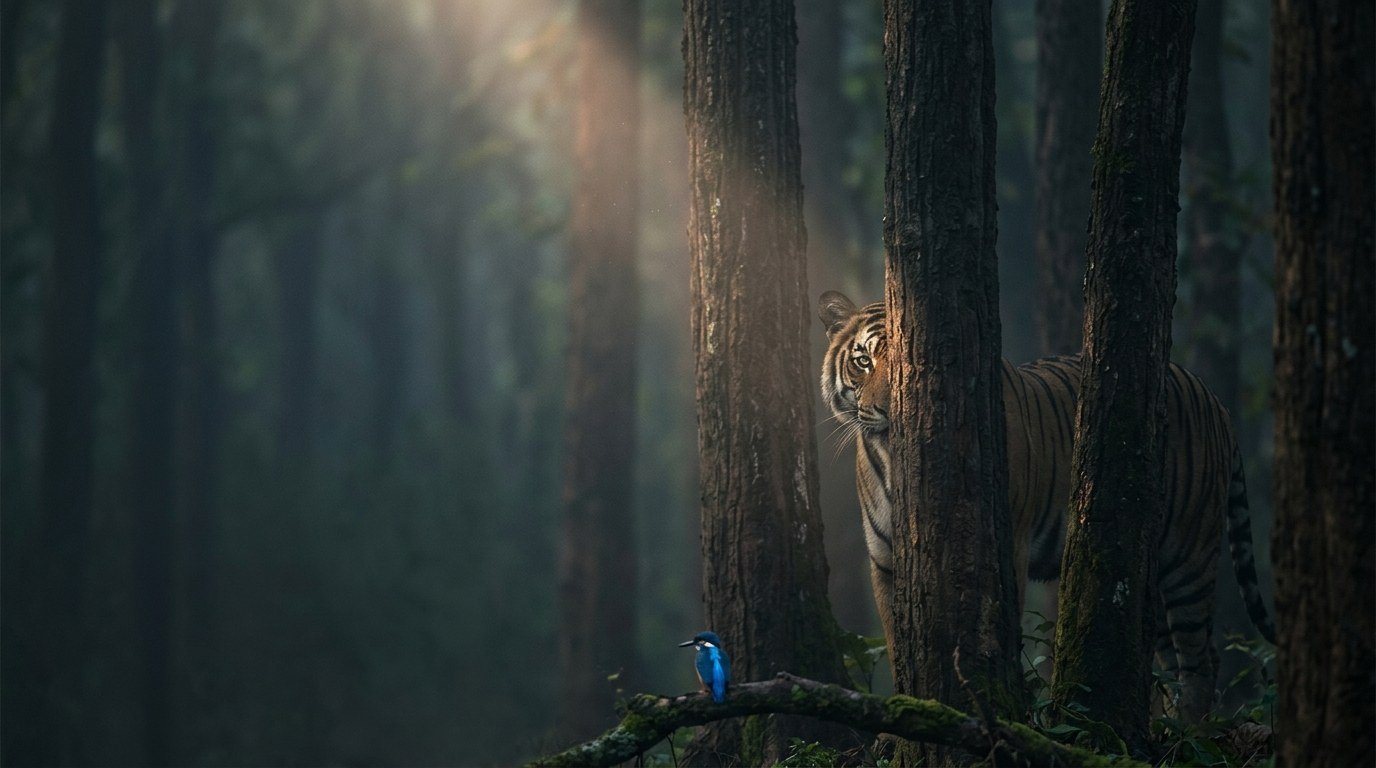 A Bengal tiger half-hidden behind sal trees in morning mist, with a blue kingfisher on a branch